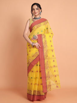 DESH BIDESH - Yellow Bengal Tant Rang Debasanti Design Pure Handloom Saree without Blouse