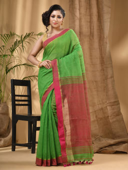 DESH BIDESH - Green Tant Silk Cotton Sequence Handloom Saree with Unstitched Blouse
