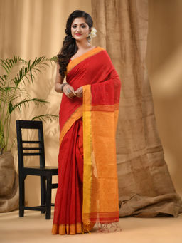 DESH BIDESH - Red Tant Silk Cotton Sequence Handloom Saree with Unstitched Blouse