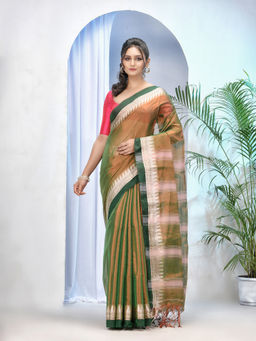 DESH BIDESH - Green Cotton Temple Tissue Silk Handloom Saree with Unstitched Blouse
