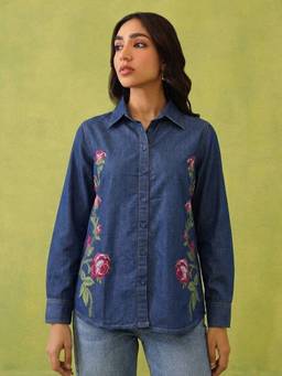 ZUMMER - Women Navy Blue Embrioderd Denim Shirt