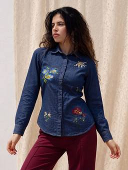 ZUMMER - Womens Navy Blue Embrioderd Denim Shirt