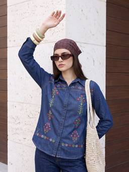 ZUMMER - Womens Navy Blue Embrioderd Denim Shirt