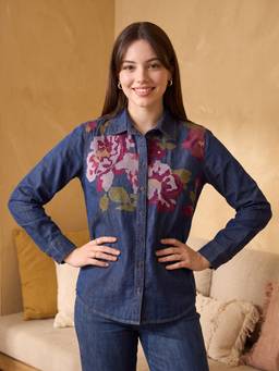 ZUMMER - Women'S Navy Blue Embrioderd Denim Shirt