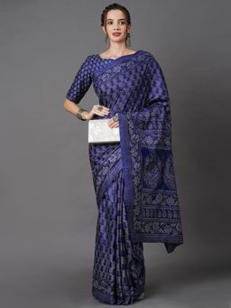 Akhilam - Women Dola Silk Navy Blue Printed Designer Saree with Unstitched Blouse Piece