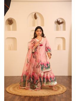 CHHAAP TILAK - Women Pink Organza Floral Kurta with Sharara and Dupatta