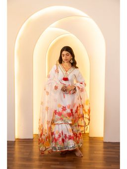 CHHAAP TILAK - Women Off White Organza Floral Kurta with Sharara and Dupatta