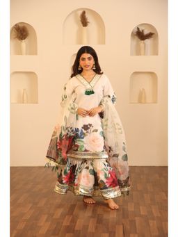 CHHAAP TILAK - Women Off White Organza Floral Kurta with Sharara and Dupatta