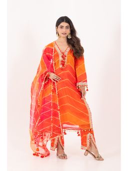 CHHAAP TILAK - Women Orange Organza Stripes Kurta with Pant and Dupatta