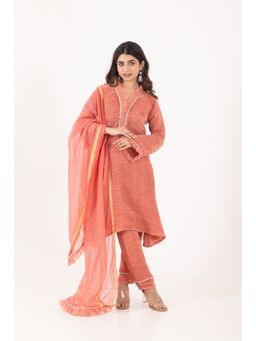 CHHAAP TILAK - Women Peach Organza Textured Kurta with Pant and Dupatta
