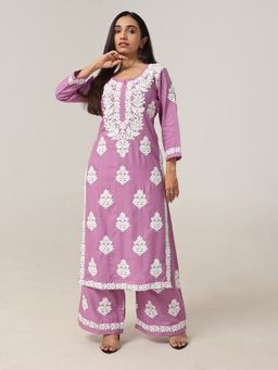 Colorkosh - Women Lavender Silk Blend Embroidered Kurta with Palazzo