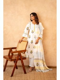 CHHAAP TILAK - Women Off White Cotton Floral Kurta with Trouser and Dupatta