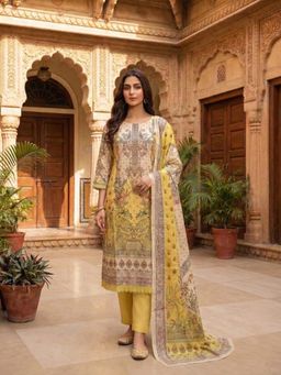 INDDUS - Yellow Motifs Printed and Hand Embroidered Kurta and Pant with Dupatta
