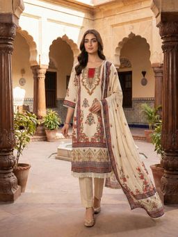 INDDUS - Women Cream Floral Printed Kurta and Pant with Dupatta