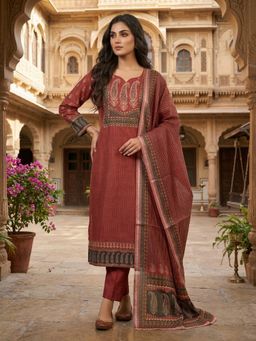 INDDUS - Women Maroon Paisley Printed and Hand Embroidered Kurta and Pant with Dupatta
