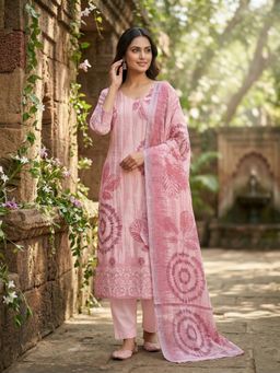 INDDUS - Women Pink Floral Printed Straight Kurta and Pant with Dupatta