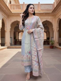 INDDUS - Floral Printed Linen Blue Kurta with Pant and with Dupatta