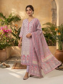INDDUS - Women Lavender Floral Printed and Hand Embroider Kurta and Pant with Dupatta