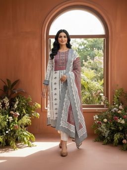 INDDUS - White Motifs Printed Kurta and Pant with Dupatta