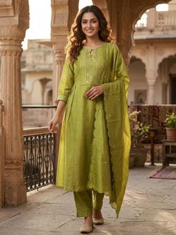 INDDUS - Motifs Thread and Sequinned Green Embroidered Kurta and Pant with Dupatta