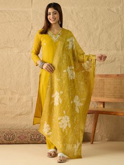 INDDUS - Mustard Women Ethnic Motifs Thread and Mirror Work Kurta and Pant with Dupatta
