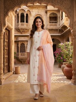 INDDUS - Off White Women Floral Thread Embroidered Kurta and Palazzo with Dupatta