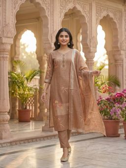 INDDUS - Beige Women Floral Printed and Hand Embroidered Kurta and Pant with Dupatta