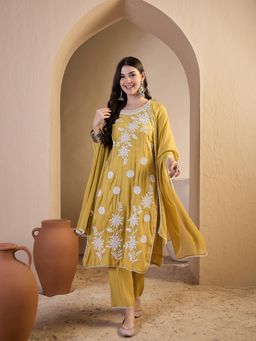 INDDUS - Women Floral Mustard Thread Embroidered Kurta and Pant with Dupatta
