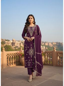 INDDUS - Women Wine Floral Thread Embroidered Kurta and Pant with Dupatta