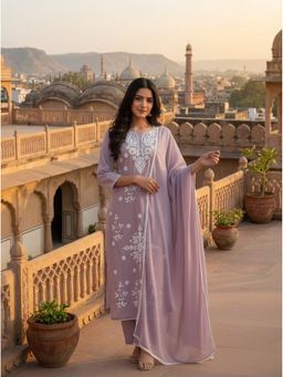 INDDUS - Women Mauve Floral Thread Embroidered Kurta and Pant with Dupatta