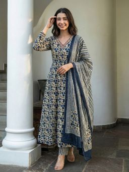 KAFTANIZE - Women Navy Blue Cotton Blend Floral Kurta with Trouser and Dupatta
