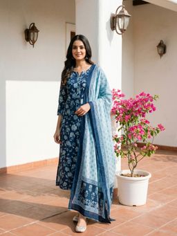 KAFTANIZE - Women Navy Blue Cotton Blend Floral Kurta with Trouser and Dupatta