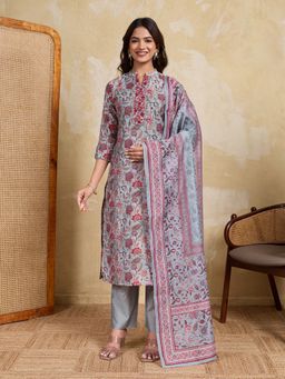 INDDUS - Grey Women Floral Printed and Hand Embroidered Kurta and Pant with Dupatta