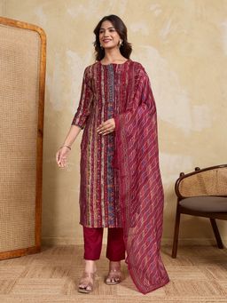 INDDUS - Maroon Motifs Printed Kurta and Pant with Dupatta