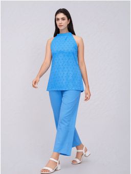 MYSHKA - Women Blue Pure Cotton Embroidered Co-Ord Set
