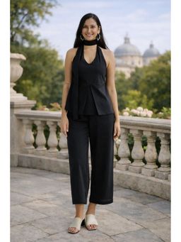 MYSHKA - Women Black Linen Solid Co-Ord Set
