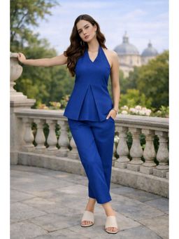 MYSHKA - Women Blue Linen Solid Co-Ord Set