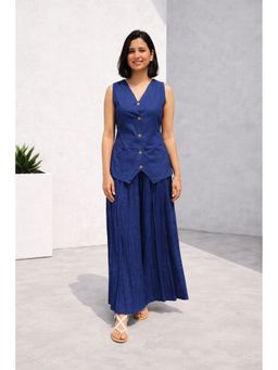 MYSHKA - Women Blue Linen Solid Co-Ord Set