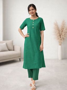 MYSHKA - Women Green Linen Solid Co-Ord Set