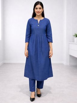 MYSHKA - Women Blue Linen Solid Co-Ord Set