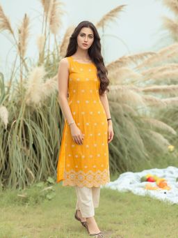 MYSHKA - Women Mustard Linen Embroidered Kurta with Trouser
