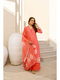 Nehamta - Women Orange Linen Abstract Kurta with Palazzo and Dupatta