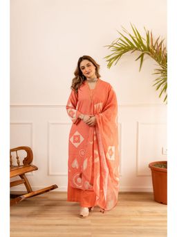Nehamta - Women Orange Linen Geometric Kurta with Palazzo and Dupatta
