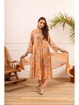 Nehamta - Women Orange Chanderi Floral Kurta with Pant and Dupatta