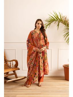Nehamta - Women Orange Chanderi Floral Kurta with Pant and Dupatta