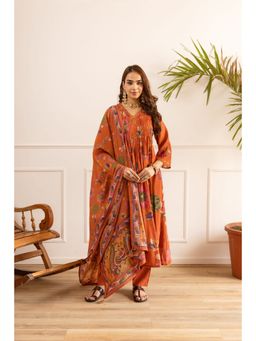 Nehamta - Women Orange Chanderi Floral Kurta with Pant and Dupatta