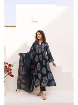 Nehamta - Women Navy Blue Chanderi Abstract Kurta with Pant and Dupatta