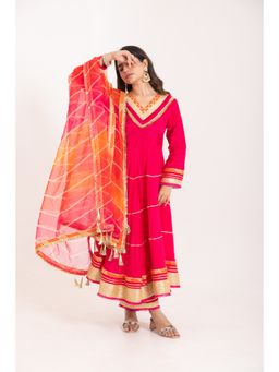 CHHAAP TILAK - Women Red Silk Stripes Anarkali Kurta with Pant and Dupatta