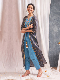 Aurelia - Blue Embroidery Kurta-Trousers- Gillet (Set of 3)