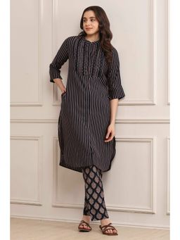 Biba - Navy Blue Stripes Kurta (Set of 2)